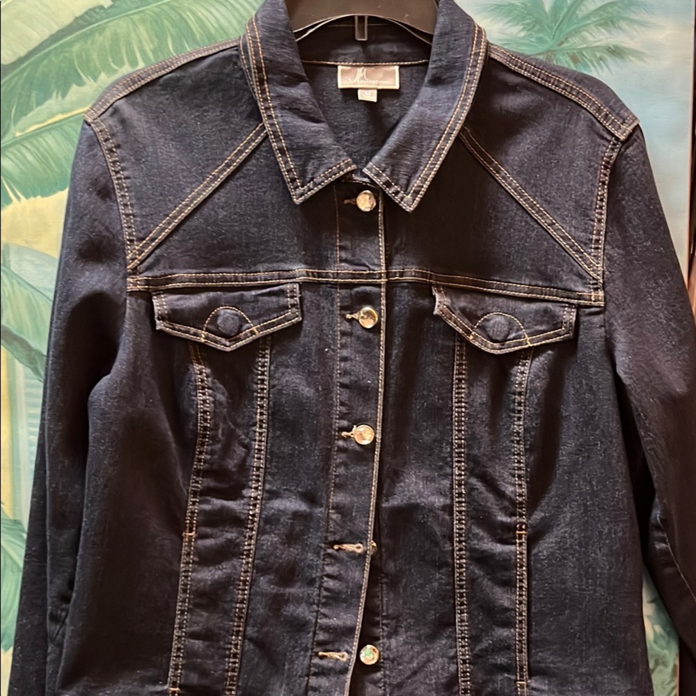 JM Collection Women's Dark Denim Jacket Clear Crystal Buttons Blue Sz M Medium